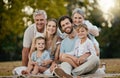 Family picnic, park portrait and smile with kids, parents or grandparents for bonding together, love or relax. Happy Royalty Free Stock Photo