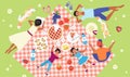 Family picnic, top view of happy mother and father, kids and dog lying on tablecloth Royalty Free Stock Photo