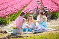 Family picnic at tulip flower field, Holland Royalty Free Stock Photo