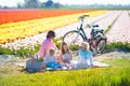 Family picnic at tulip flower field, Holland Royalty Free Stock Photo