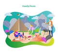 Family picnic vector illustration. Happy family together with mother, father, son, daughter and dog in camping trip weekend.