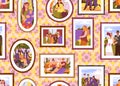 Family pictures. Photo frame on wall pattern. Sketch portraits hanging on wallpaper. Happy moments. Patchwork from