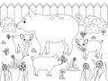 Family of pigs. Children coloring. Black lines, white background. Mom boar with piglets. Cartoon vector