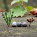 (family Pinaceae), three smooth and rounded pebbles in varying Royalty Free Stock Photo