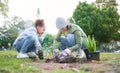 Family, plant and gardening in a park with trees in nature environment, agriculture or garden. Volunteer woman and child