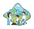 family planting with cityscape in eco friendly scene