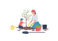 Family planting tree together flat color vector faceless characters