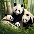 A family of playful pandas posing together for a heartwarming portrait amidst bamboo trees3