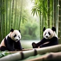 A family of playful pandas posing together for a heartwarming portrait amidst bamboo trees2