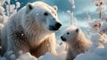 family of playful polar bears frolicking in the snow, their white fur blending seamlessly with the winter landscape.