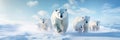 family of playful polar bears frolicking in the snow, their white fur blending seamlessly with the winter landscape.