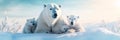 family of playful polar bears frolicking in the snow, their white fur blending seamlessly with the winter landscape.