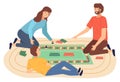 Family playing board game flat illustration. Parents with kid having fun, spending time together