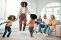 Family, playing and mom having fun with children in a home in winter and bonding together in a vacation house. Parents Royalty Free Stock Photo