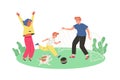 Family playing outdoors together, flat cartoon vector illustration isolated. Royalty Free Stock Photo