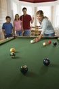 Family Playing Pool in Rec Room Royalty Free Stock Photo