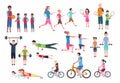 Family playing sports. People fitness exercising and jogging. Sport active lifestyles cartoon characters vector Royalty Free Stock Photo