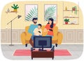 Friendly family playing video games at home together. Mom dad and son gaming with gamepad controller Royalty Free Stock Photo