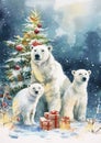 Family Polar bears with Christmas tree and gifts. Watercolor Christmas greeting card illustration