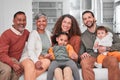 Family, portrait and children happiness in a home with mother, grandparents and baby together. Parent love, smile and
