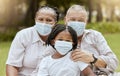 Family portrait, covid and face mask outdoor at nature park with child and grandparents together on picnic for love