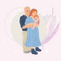 Family portrait. European nationality, father and mother hug the child, daughter in her arms. Vector cartoon flat