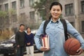 Family portrait in front of dormitory at college Royalty Free Stock Photo