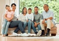 Family in portrait, grandparents and parents with kids relax on sofa with smile, generations and bonding at home