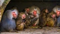 Family portrait of hamadryas baboons sitting close together, tropical monkeys from Africa