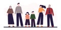 Family portrait. Happy parents with children. Six cute people standing. Cartoon mother, father, grandparents and two