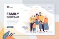 Family portrait landing page template. Happy parents with children. Grandparents, Mother,father and three kids