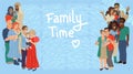 Family portrait, parents with children of different nationalities. Vector illustration, design banner or poster with an