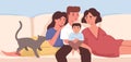 Family portrait of pregnant mother, father, children and cat. Parents, daughter, son and pet sitting on sofa at home Royalty Free Stock Photo