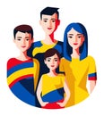 Family portrait with two adults and two teenagers smiling. Casual style, happy family together, modern design. Vector