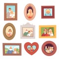 Family portraits. Photos of kids and parents mother father and grandparents happy smile faces vector collection set