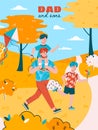 Family poster of father and sons playing in autumn park