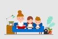 Family practice sitting meditation together on sofa. Flat design cartoon illustration