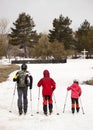 Family practicing cross-country skiing. The volcano Mount Etna, Sicily. Italy.