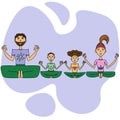 Family practicing yoga, parents and children in lotus position, cartoon illustration of people doing meditation