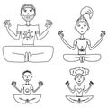 Family practicing yoga, parents and children in lotus position, outline illustration of people doing meditation