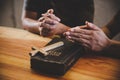 Family pray together praying with parent at home Royalty Free Stock Photo