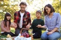 Family praying before meal in park Royalty Free Stock Photo