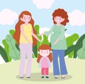 Family pregnant mother with teen and little daughter together cartoon character