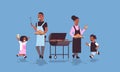 Family preparing hot dogs on grill african american parents and children having fun picnic barbecue party concept flat Royalty Free Stock Photo