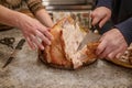 Family preparing turkey for Thanksgiving dinner. Person cutting big turkey