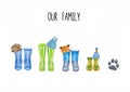 Family print concept with watercolor wellies boots for five. Colorful rain boots collection. Rubber boots autumn fall concept.