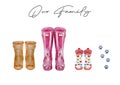 Family print concept with watercolor wellies boots for four. Colorful rain boots collection. Rubber boots autumn fall concept.