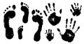 Family prints of hands and feet. Set of handprints and footprints of woman, man, and children. Vector illustration