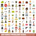 100 family problems icons set, flat style Royalty Free Stock Photo