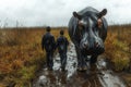 family promenading with hippo illustration Generative AI Royalty Free Stock Photo